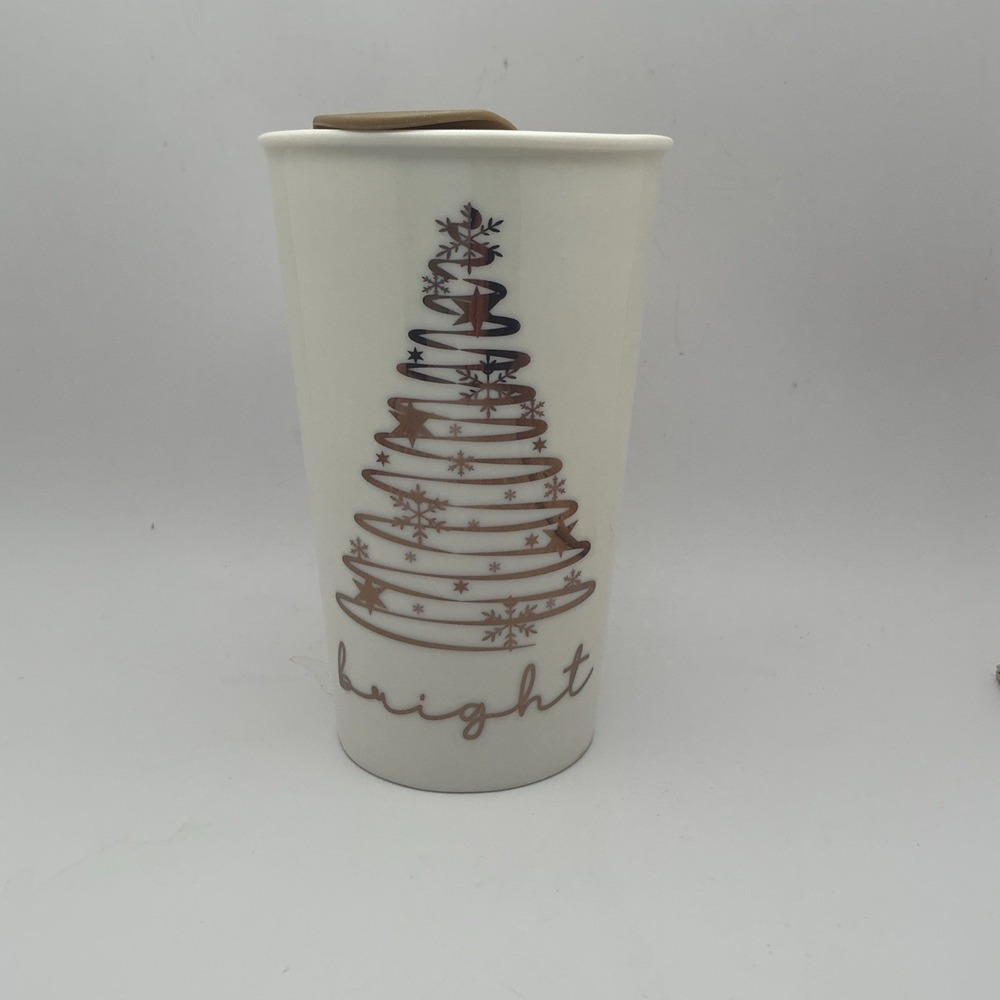 Marketplace‎ Brands, Ceramic Gold Christmas Coffee Mug w/Lid, Bright